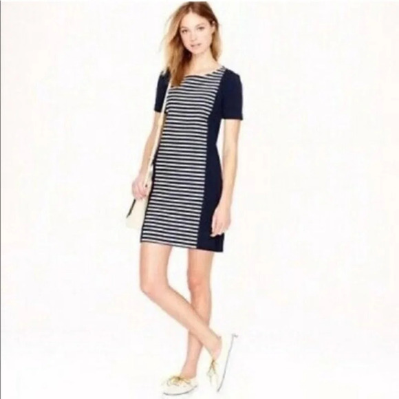 J. Crew Short Sleeve Striped Panel Exposed Back Zipper Dress in Navy - Size 4 - Picture 1 of 7
